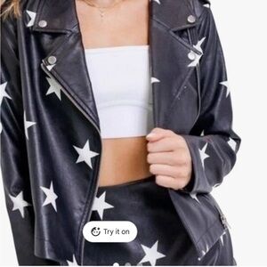 Le Lis Black Leather Jacket with White Star Design